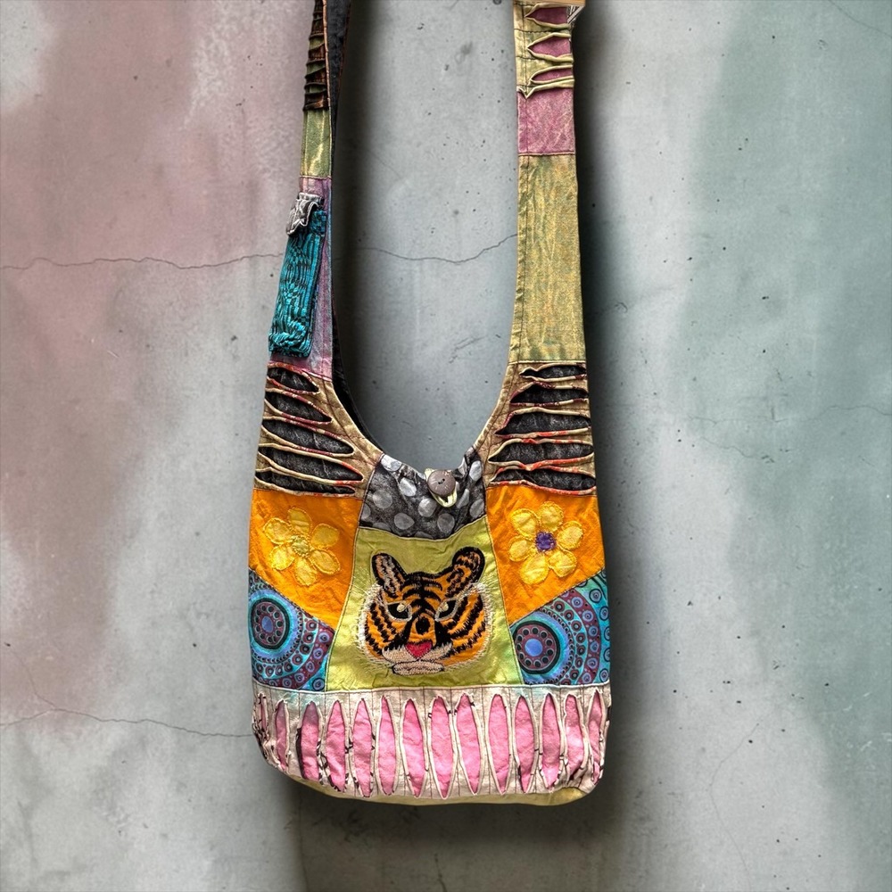 Boho Distressed Patchwork Tiger Crossbody Bag Nepal Cotton Embroidered Hobo